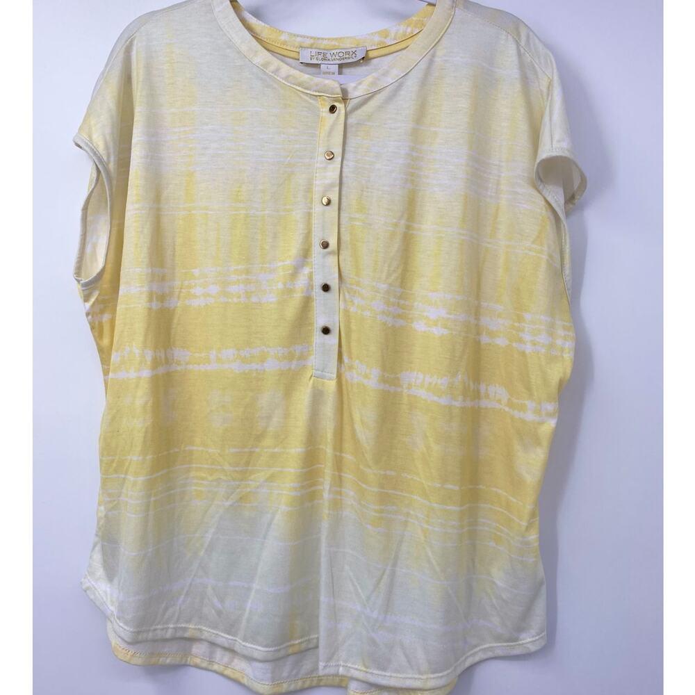 Life Worx by Gloria Vanderbilt Women Yellow Short Sleeve Striped Shirt NEW Large
